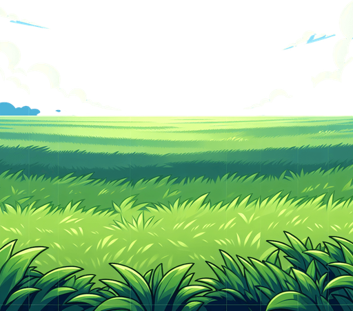 A grassy field with a bright blue sky.
In-Game asset. 2d. High contrast. No shadows.