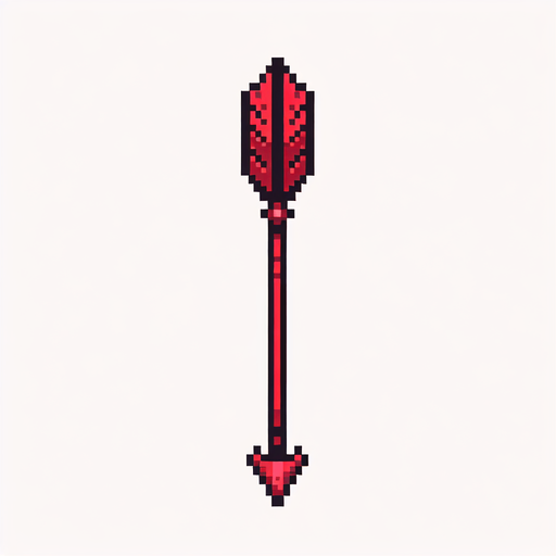 A red hunting arrow, pointing straight up. Pixelart. Vertical view. Single Game Texture. In-Game asset. 2d. Blank background. High contrast. No shadows.