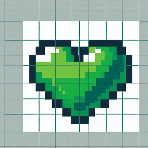 Pixel art heart green
Single Game Texture. In-Game asset. 2d. Blank background. High contrast. No shadows.