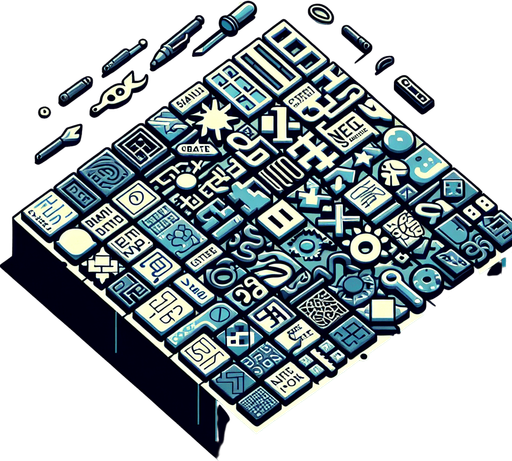 Patchwork de mots sur un fond cyan..
Single Game Texture. In-Game asset. 2d. Blank background. High contrast. No shadows.