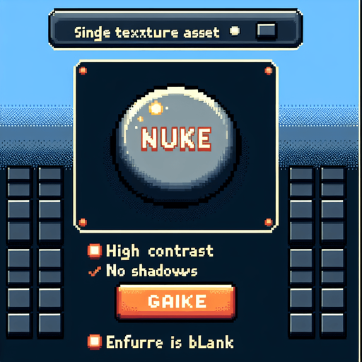 a button with text that says "nuke".
Single Game Texture. In-Game asset. 2d. Blank background. High contrast. No shadows. pixelated