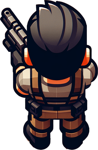 top down character with gun de dos.
Single Game Texture. In-Game asset. 2d. Blank background. High contrast. No shadows. topdown shooter