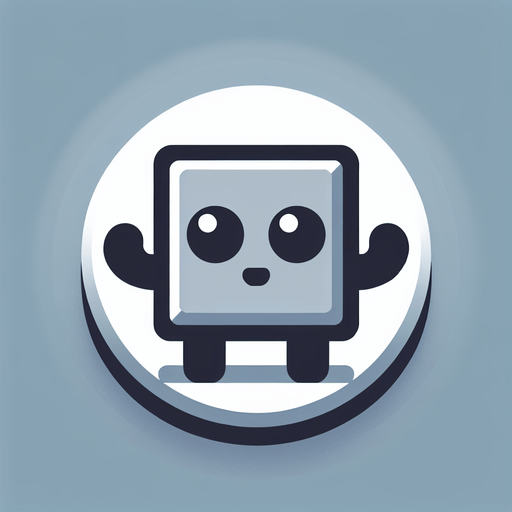 a button with a cube on it with two eyes and hands but no arms.
Single Game Texture. In-Game asset. 2d. Blank background. High contrast. No shadows.