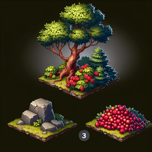 A tree a rock and crambery in a RTS style Single Game Texture. In-Game asset. 2d. Blank background. High contrast. No shadows.