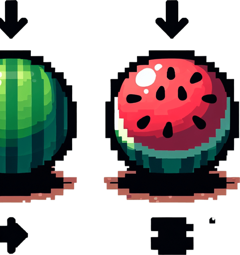 Water mellon sprite sheet: Full, Chopped left part, Chopped right part..
Single Game Texture. In-Game asset. 2d. Blank background. High contrast. No shadows.