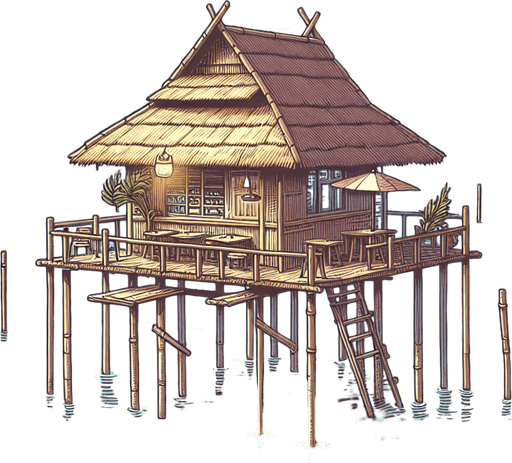 Create a cartoon-style illustration of a small bar hut on short stilts, above water,  close view.
Single Game Texture. In-Game asset. 2d. Blank background. High contrast. No shadows.