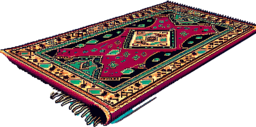 side view of a flat flying carpet heading to the right.
Retro gaming style