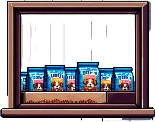 pixel art window with dog food bags displayed within it.
Single Game Texture. In-Game asset. 2d. Blank background.