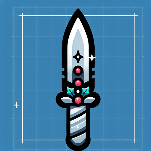 Cartoon knife pointing up. Symmetrical. Vertical. Christmas designed. Single Game Texture. In-Game asset. 2d. Blank background. High contrast. No shadows.