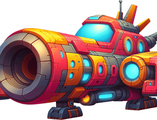 Computer game. Cartoon hero spaceship facing upwards, large cannon at the center of the ship. Bright colors.
Single Game Texture. In-Game asset. 2d. Blank background. High contrast. No shadows.