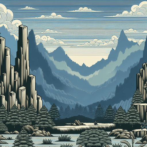 a tileable japanees ninja game landscape background with montains far and cliff edge in the foreground.