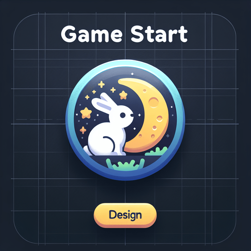 Rabbit and moon themed start button.
Single Game Texture. In-Game asset. 2d. Blank background. High contrast. No shadows.