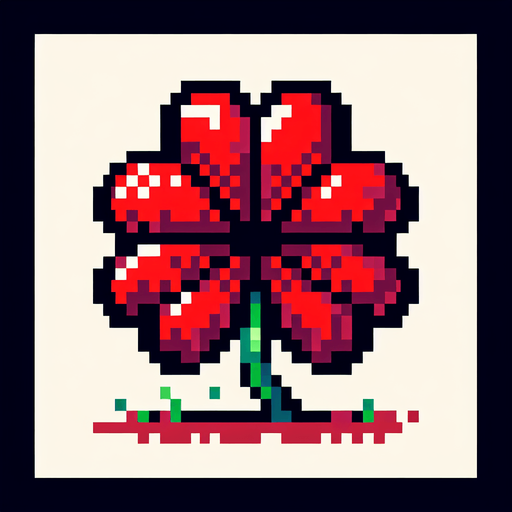 pixel art of a 4 leaf red clover..
Single Game Texture. In-Game asset. 2d. Blank background. High contrast. No shadows.