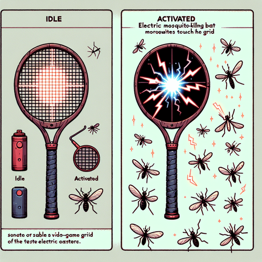 The electric mosquito killing bat sprite sheet will illustrate the device in two states: idle and activated. In the idle state, the bat resembles a tennis racket with a fine mesh grid, featuring a handle for easy grip and a subtle glow emanating from the electrified grid. The activated state showcases the bat in action, zapping mosquitoes with bright sparks and flashes of electricity as they come into contact with the mesh. The sparks should be animated to convey the sensation of a powerful electric discharge. Additional details could include small mosquito silhouettes near the grid in the activated state, or a faint buzzing sound effect to enhance the visual and auditory experience..
Single Game Texture. In-Game asset. 2d. Blank background. High contrast. No shadows.