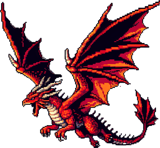 A flying red dragon breathing fire. side view. enemy character in a game. pixelart..
Single Game Texture. In-Game asset. 2d. Blank background. High contrast. No shadows.