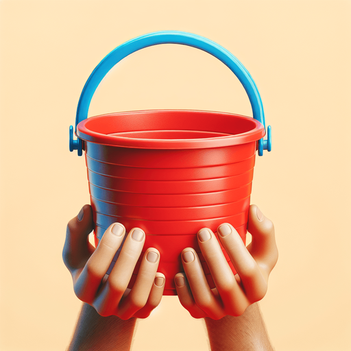 red beach bucket with a blue handle hold by two hands from its bottom..
photorealistic