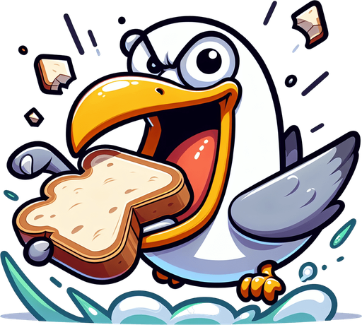 Create a cartoon-style illustration of a seagul's face chomping down on a slice of bread make it comical.
Single Game Texture. In-Game asset. 2d. Blank background. High contrast. No shadows.