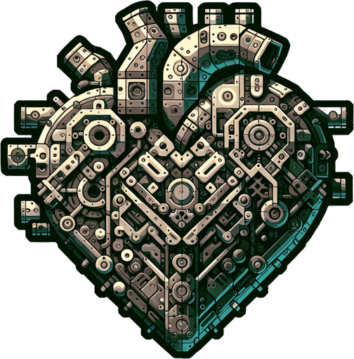 The heart is a robot.
Single Game Texture. In-Game asset. 2d. Blank background. High contrast. No shadows.