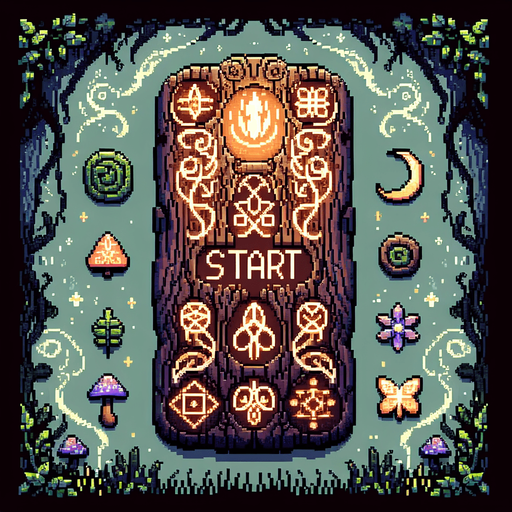 A start button for an elf game in a magic forest.
Pixel art.