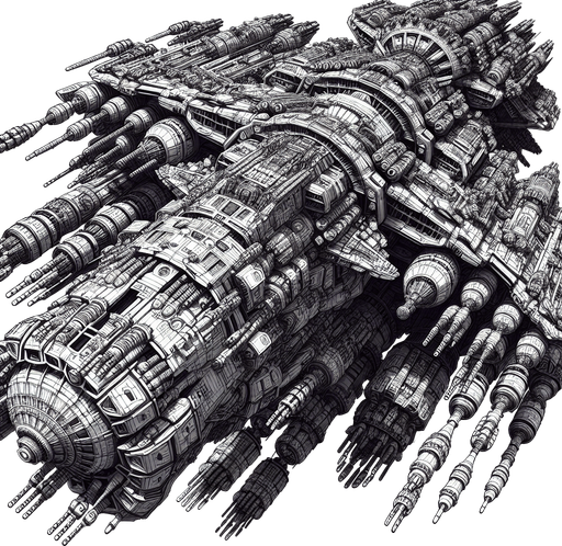 large enemy space ship with massive cannons flying downwards viewed from on top in colour.
Single Game Texture. In-Game asset. 2d. Blank background. High contrast. No shadows.