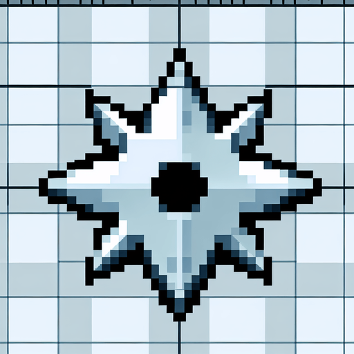 8-bit pixel shuriken.
Single Game Texture. In-Game asset. 2d. Blank background. High contrast. No shadows.