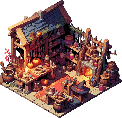 atelier de sorciere.
Single Game Texture. In-Game asset. 2d. Blank background. High contrast. No shadows.