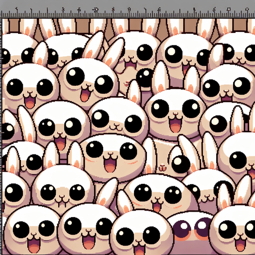 A spritesheet of cute happy and very silly-looking rabbits staring wideeyed at the camera..
Single Game Texture. In-Game asset. 2d. Blank background. High contrast. No shadows.