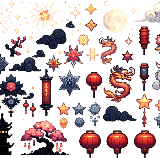 Chinese new years, celestial realm.
Single Game Texture. In-Game asset. 2d. Blank background. High contrast. No shadows.