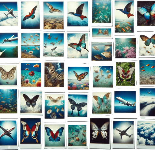 a multitude of polaroids in bulk, with photos of birds, fishes, butterflies, planes....