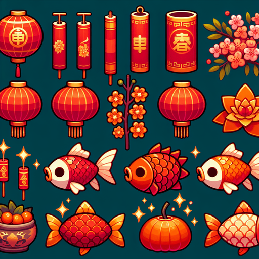 Sprite sheet with Hongbao, chinese Firecrackers, chinese lanters, Yuanbao, Koi Fish, chines Mandarin Oranges, chinese Plum Blossoms.
Game art.
Single Game Texture. In-Game asset. 2d. Blank background. High contrast. No shadows.