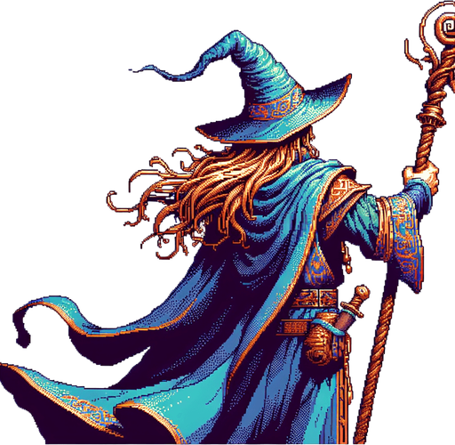 A wizard hero facing away with his back turned with his staff in the air
I want the art style to reflect a classic 16-bit retro pixel art aesthetic, reminiscent of early 1990s RPGs with vibrant colors. The environment should have a rich, fantasy-themed design with intricate backgrounds and a nostalgic, old-school feel..
Single Game Texture. In-Game asset. 2d. Blank background. High contrast. No shadows.