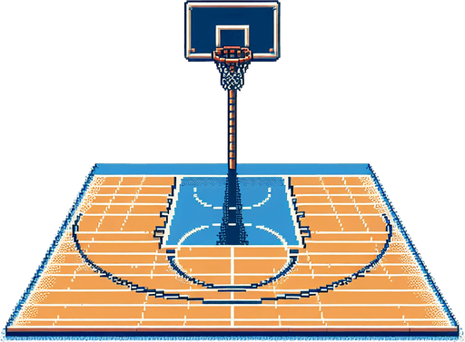 Basketball court. One basketball hoop with background and net is shown. Facing downcourt. 8-Bit style..
Single Game Texture. In-Game asset. 2d. Blank background. High contrast. No shadows.