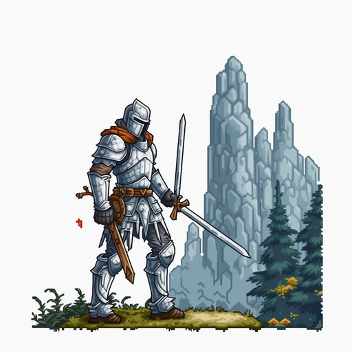 Heroic knight walking to the right.
Game Texture. In-Game asset. 2d. Pixelart. White background. Blank background. Low detail. High contrast.