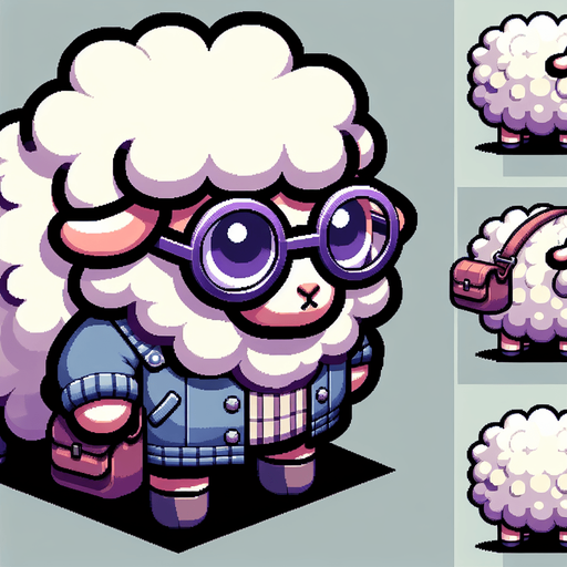 make a sheep wearing round purple glasses a jacket and a bag.
Single Game Texture. In-Game asset. 2d. Blank background. medium contrast. No shadows. cartoony. birdside view. full body. not facing the camera