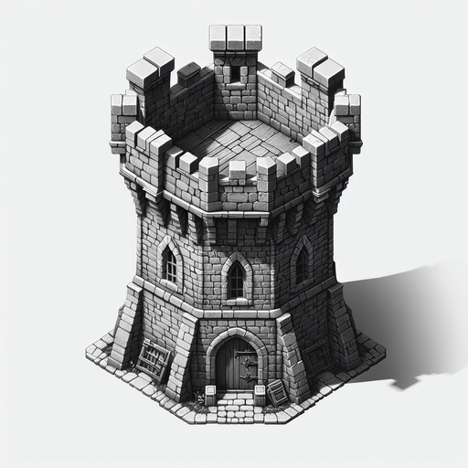 a medieval style stone tower. top down view. Single Game Texture. In-Game asset. 2d. Blank background. High contrast. No shadows.