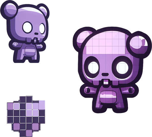 cute zombie in purple.
Single Game Texture. In-Game asset. 2d. Blank background. High contrast. No shadows. top down view. bird view