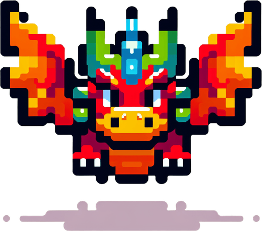 8bit cartoon flying dragon. Front view. Funny..
Single Game Texture. In-Game asset. 2d. Blank background. High contrast. No shadows.