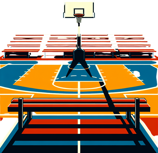 Basketball court facing to the benches. No players are present. Colors are show..
Single Game Texture. In-Game asset. 2d. Blank background. High contrast. No shadows.