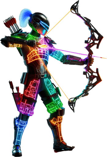 a cyberpunk archer with aiming plasma arrows.
Single Game Texture. In-Game asset. 2d. Blank background. High contrast. No shadows.