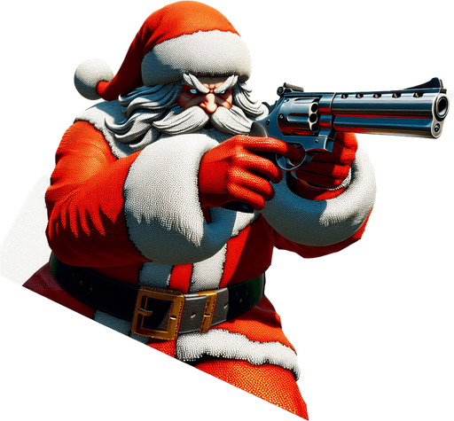 over the shoulder santa firing a revolver Single Game Texture. In-Game asset. 2d. Blank background. High contrast. No shadows.