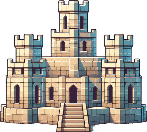 face view of a simple sandcastle with 2 flat towers on the sides and a central one a bit higher but flat too..
casual game style