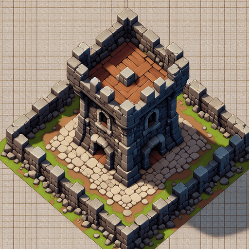 a medieval style stone tower. top down view. Single Game Texture. In-Game asset. 2d. Blank background. High contrast. No shadows.