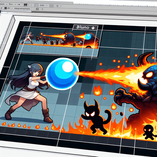 girl shooting on fire blunos with blue ball.
Single Game Texture. In-Game asset. 2d. Blank background. High contrast. No shadows.