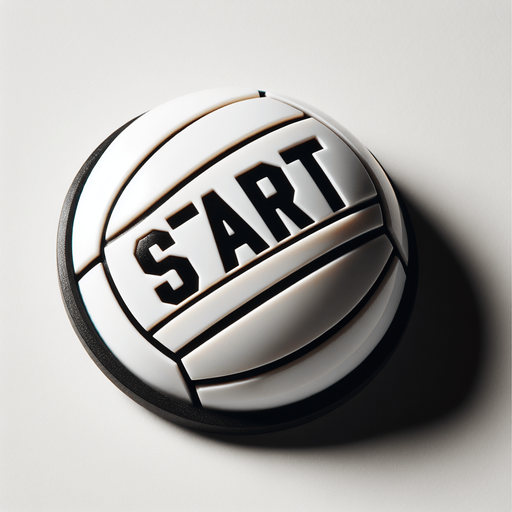 Start button in the shape of a white beach volleyball with « START » written on it in black.
Photo