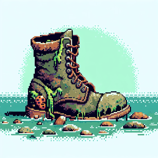 8-bit. cartoon. old boot from ocean. Single Game Texture. In-Game asset. 2d. Blank background. High contrast. No shadows.