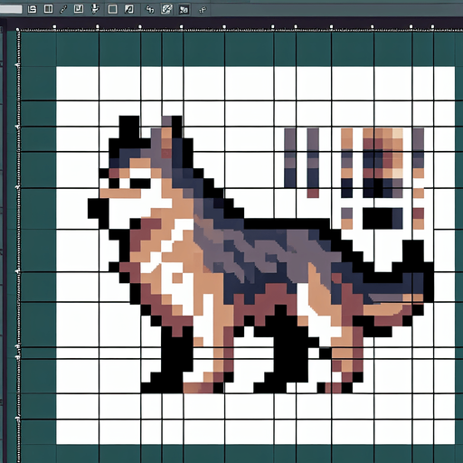 A 2D pixel shepherd dog transparent.
Single Game Texture. In-Game asset. 2d. Blank background. High contrast. No shadows.