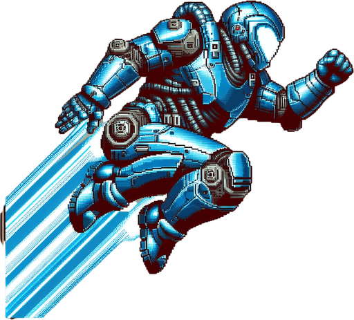 a blue iron man style armor flying.
Retro gaming style