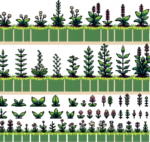 pixel art of garden weeds. Growth sprite sheet.
In-Game asset. 2d. Blank background. High contrast. No shadows.