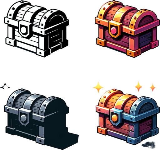 treasure chest.
Single Game Texture. In-Game asset. 2d. Blank background. High contrast. No shadows.