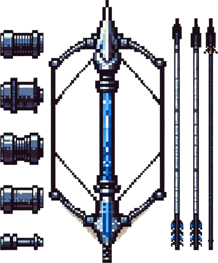 a straight crossbow bolt made of cobalt. top down view. pixelart. bolt only, crossbow not included. vertical display, from bottom to top. Single Game Texture. In-Game asset. 2d. Blank background. High contrast. No shadows.